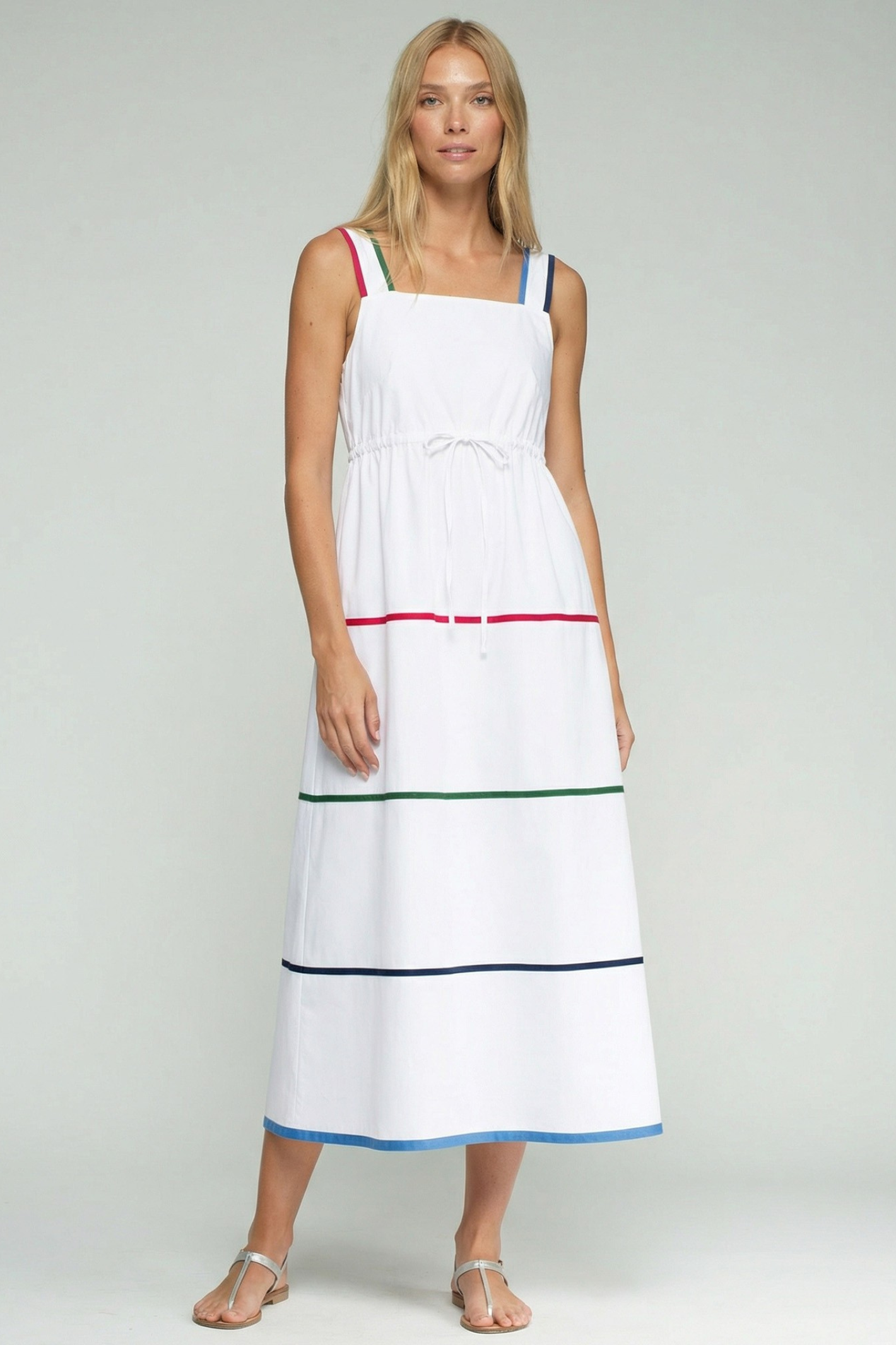 Vilagallo 33612 White Strappy Dress with Coloured Stripes by vilagallo worn by model shop the vendor at Dotique