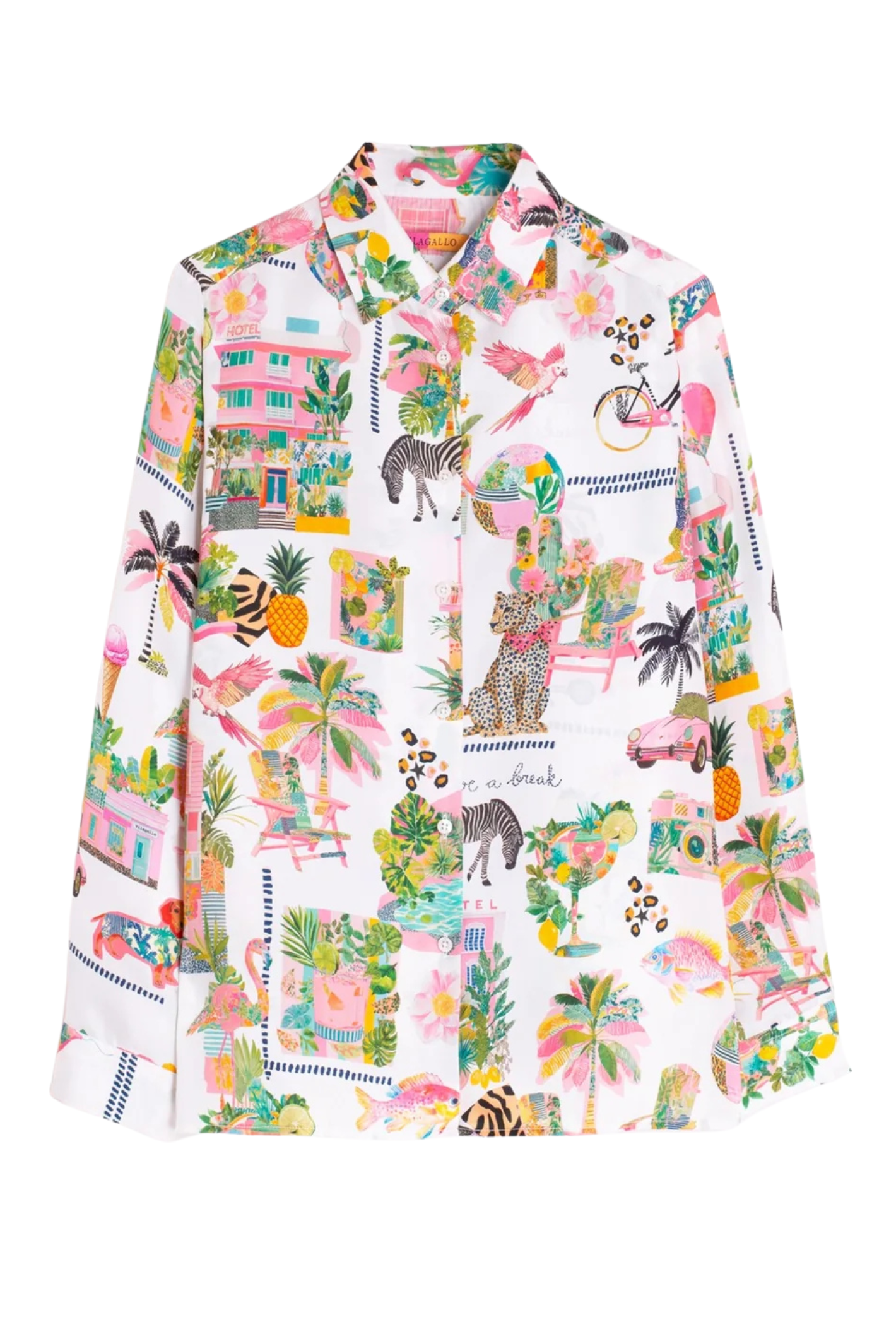 Vilagallo 33514 White Tropical Print Silk Shirt by vilagallo shop vilagallo at Dotique front view isolated