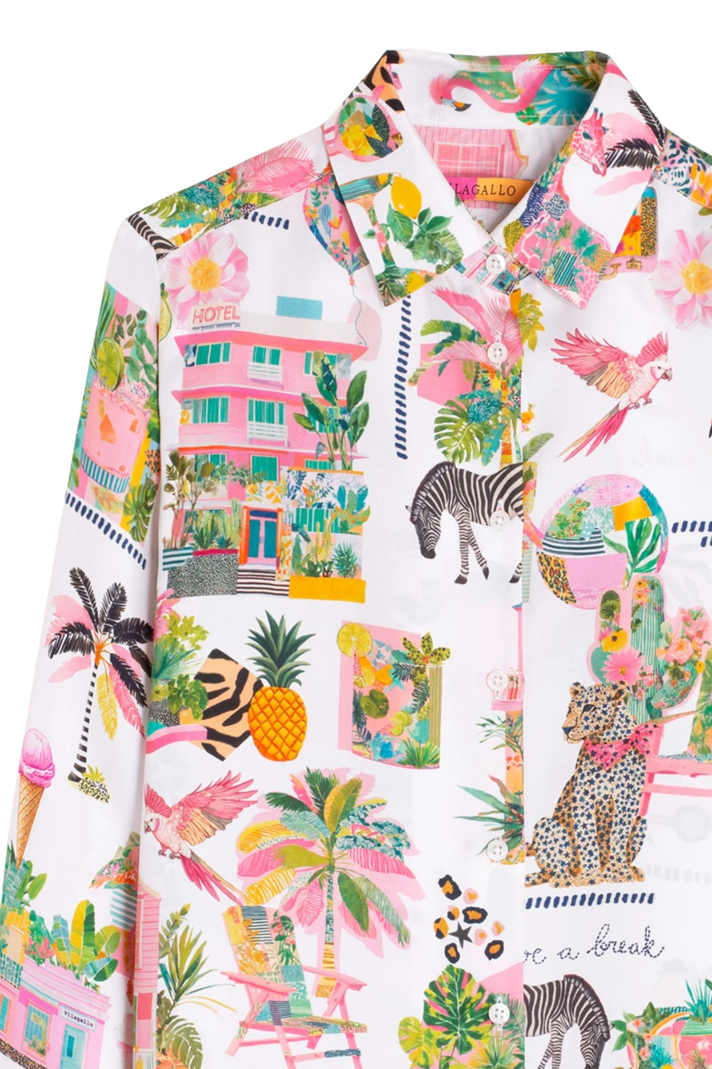 Close-up of Vilagallo 33514 White Tropical Print Silk Shirt by vilagallo shop vilagallo at Dotique front detail view
