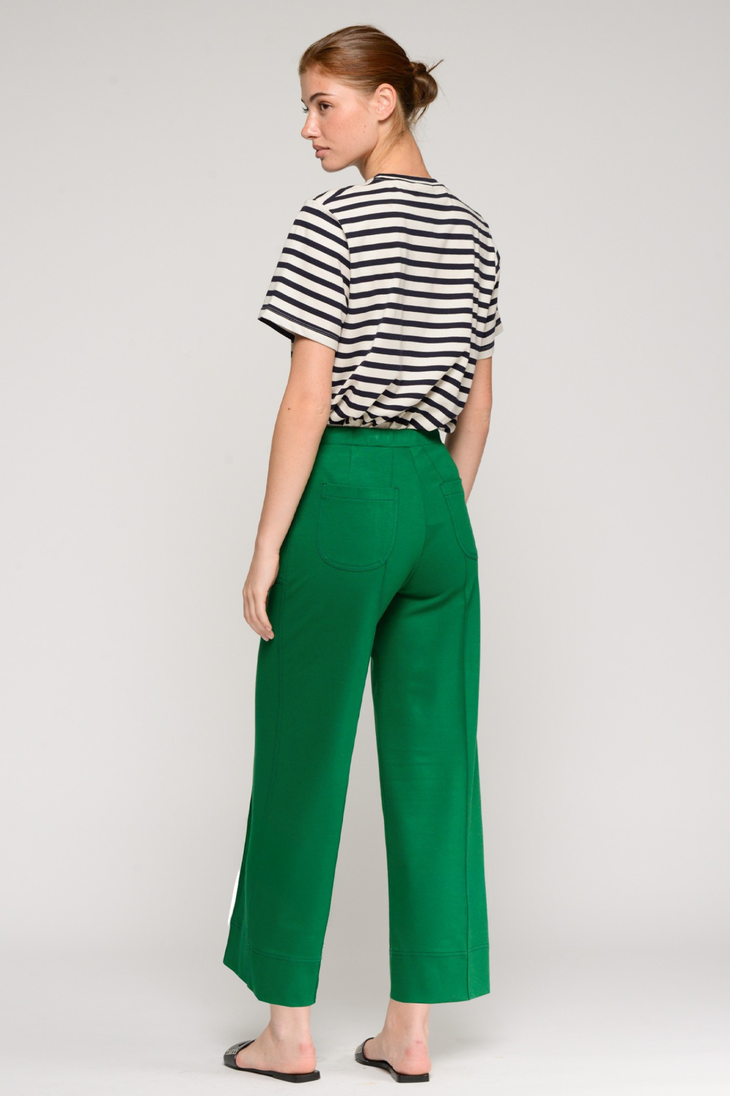 Model wearing Vilagallo 33640 Wide-Leg Green Trousers with Front Seams by vilagallo shop vilagallo at Dotique back view