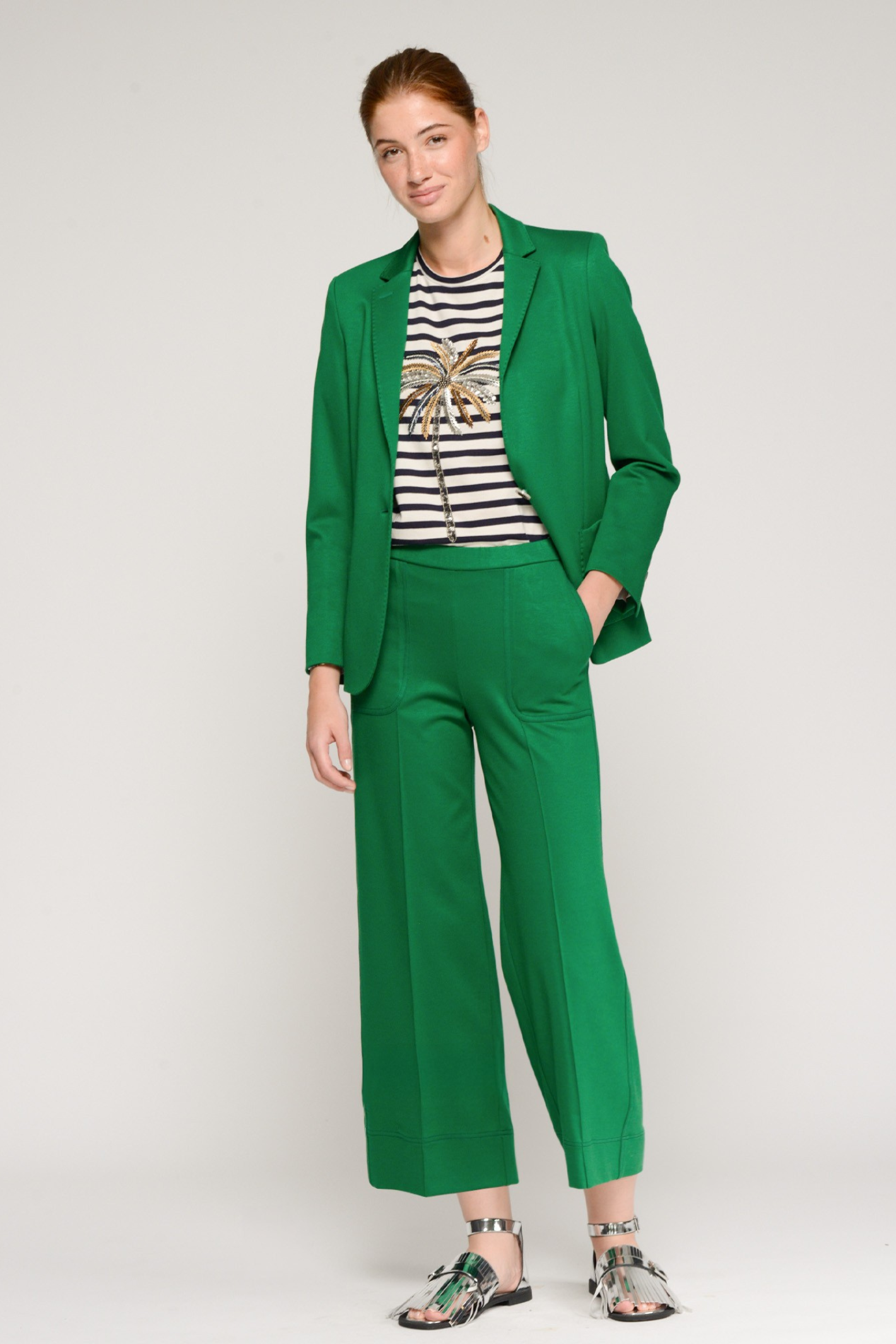 Model wearing Vilagallo 33640 Wide-Leg Green Trousers with Front Seams by vilagallo shop vilagallo at Dotique full length view