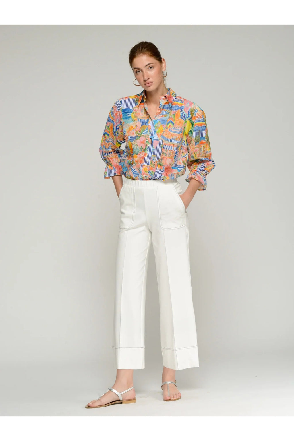 Vilagallo 33276 Wide-Leg White Trousers by vilagallo worn with colorful blouse shop vilagallo at Dotique front view