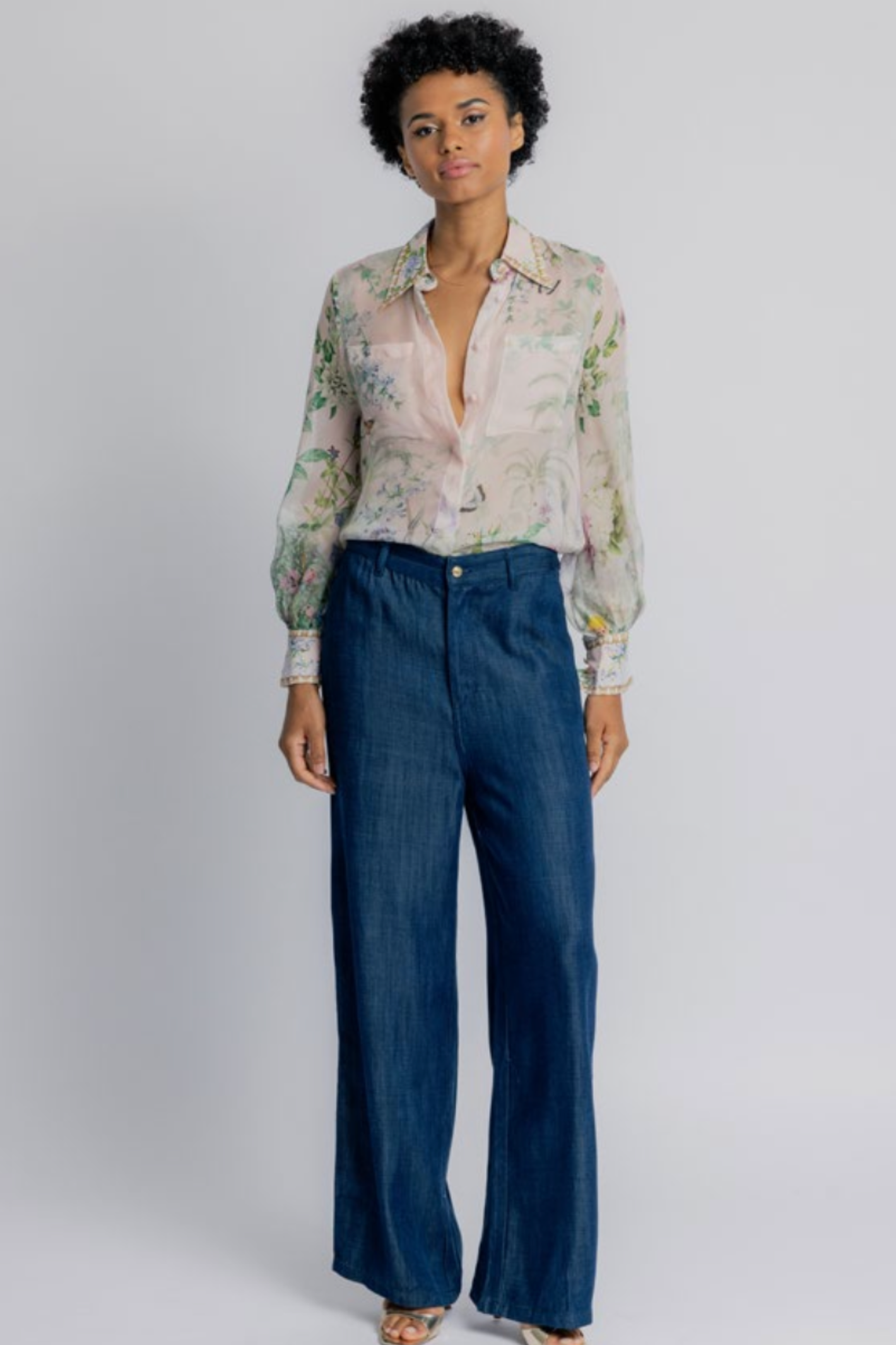 Model wearing Dream Catcher Odara Blouse Green Pink Garden by Dream Catcher, shop Dream Catcher at Dotique.