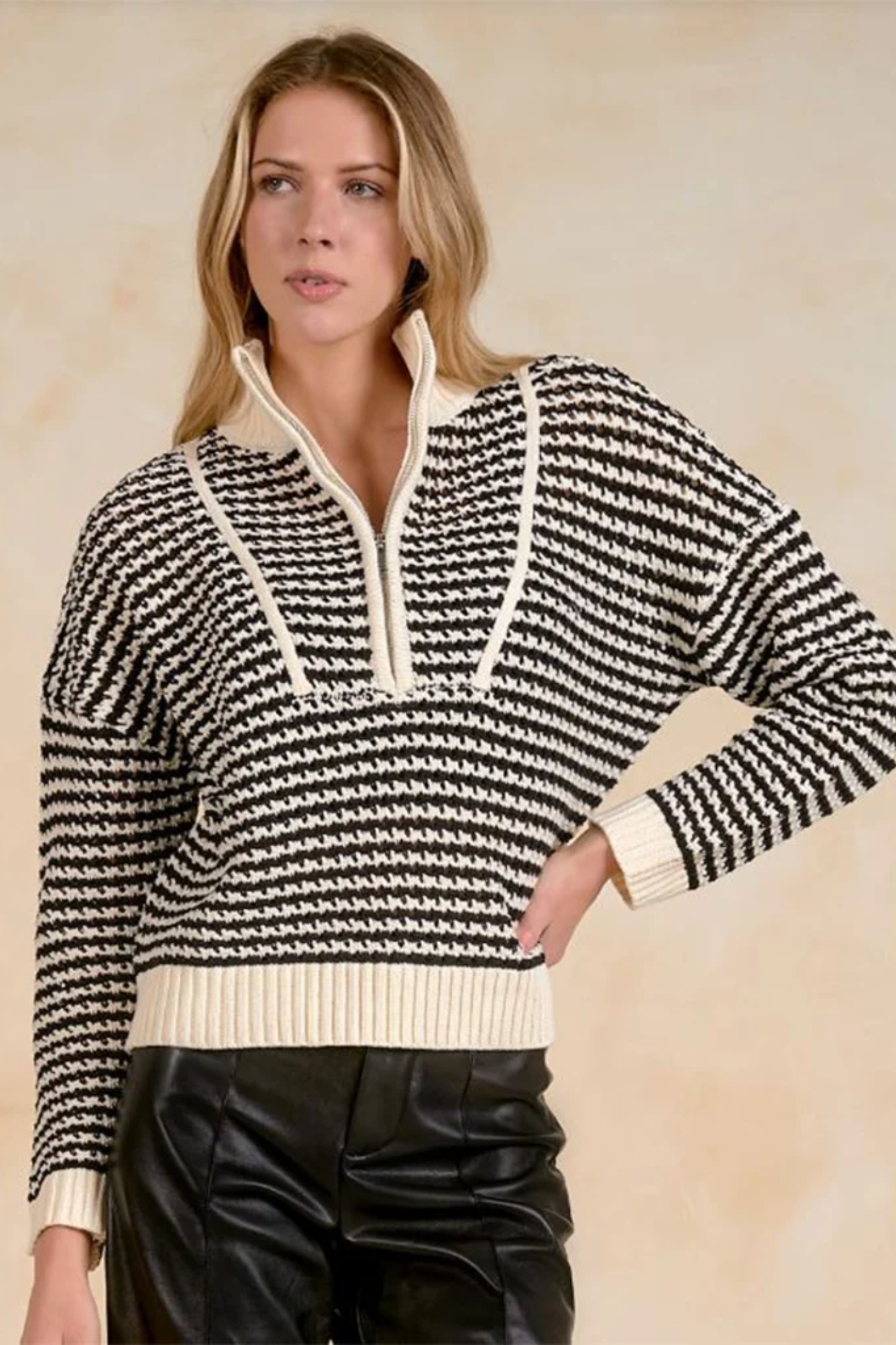 Elan SW11688 Sweater 1/4 Zip Open Knit Cream/Black