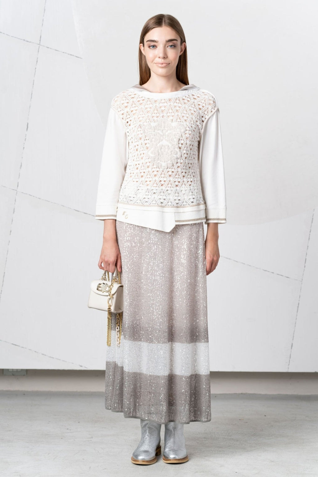 Elisa Cavaletti 03149 White Fleece and Perforated Knit Sweater at Dotique