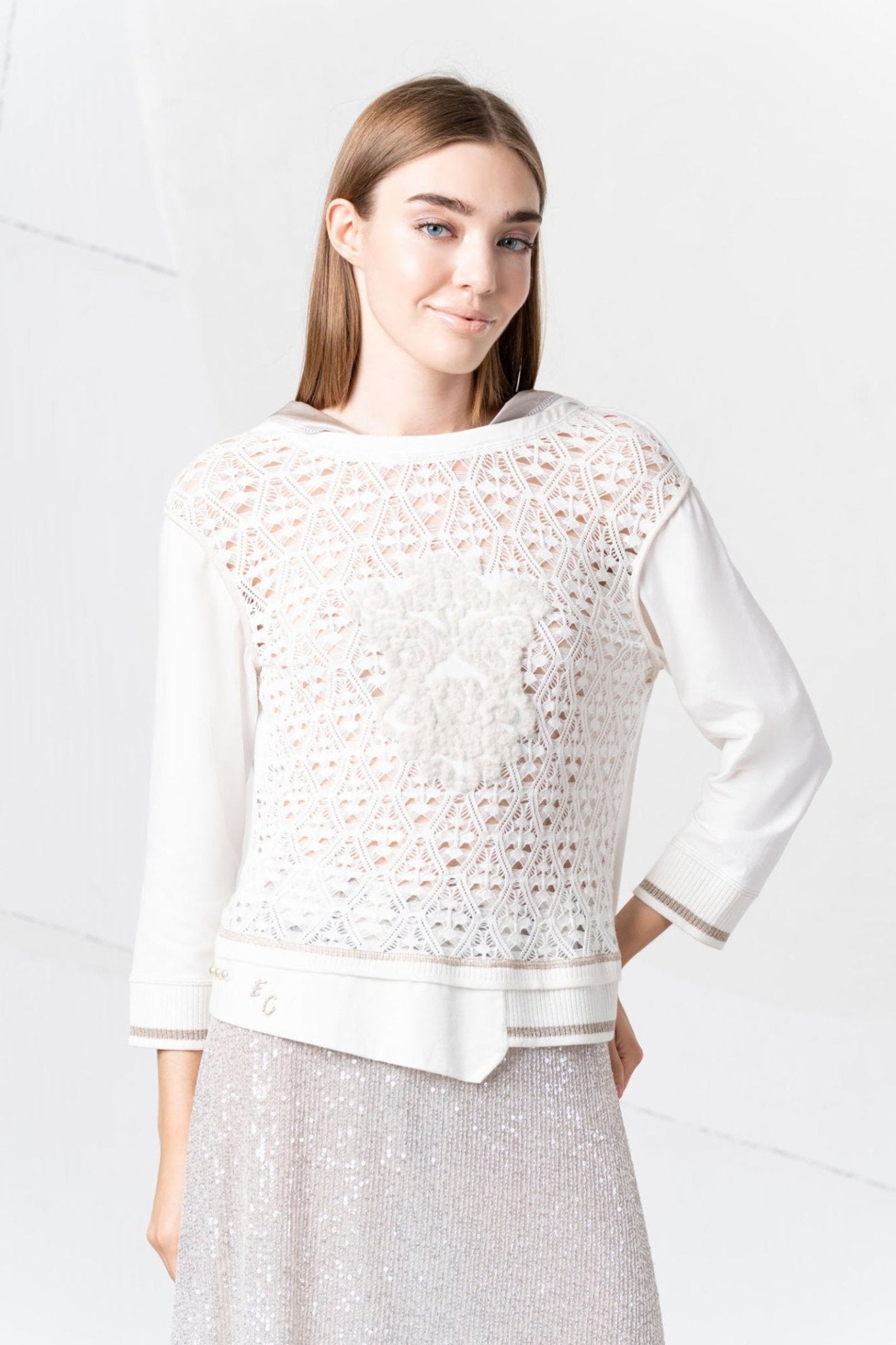 Elisa Cavaletti 03149 White Fleece and Perforated Knit Sweater