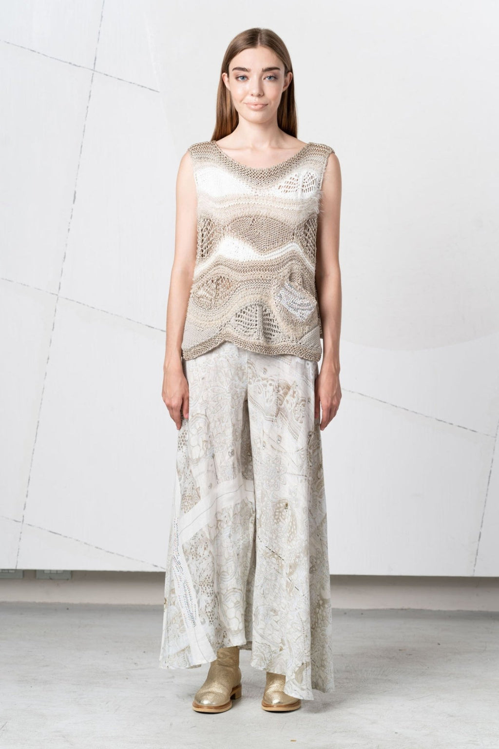 Elisa Cavaletti 99464A Beige Palazzo Trousers with Lace Print