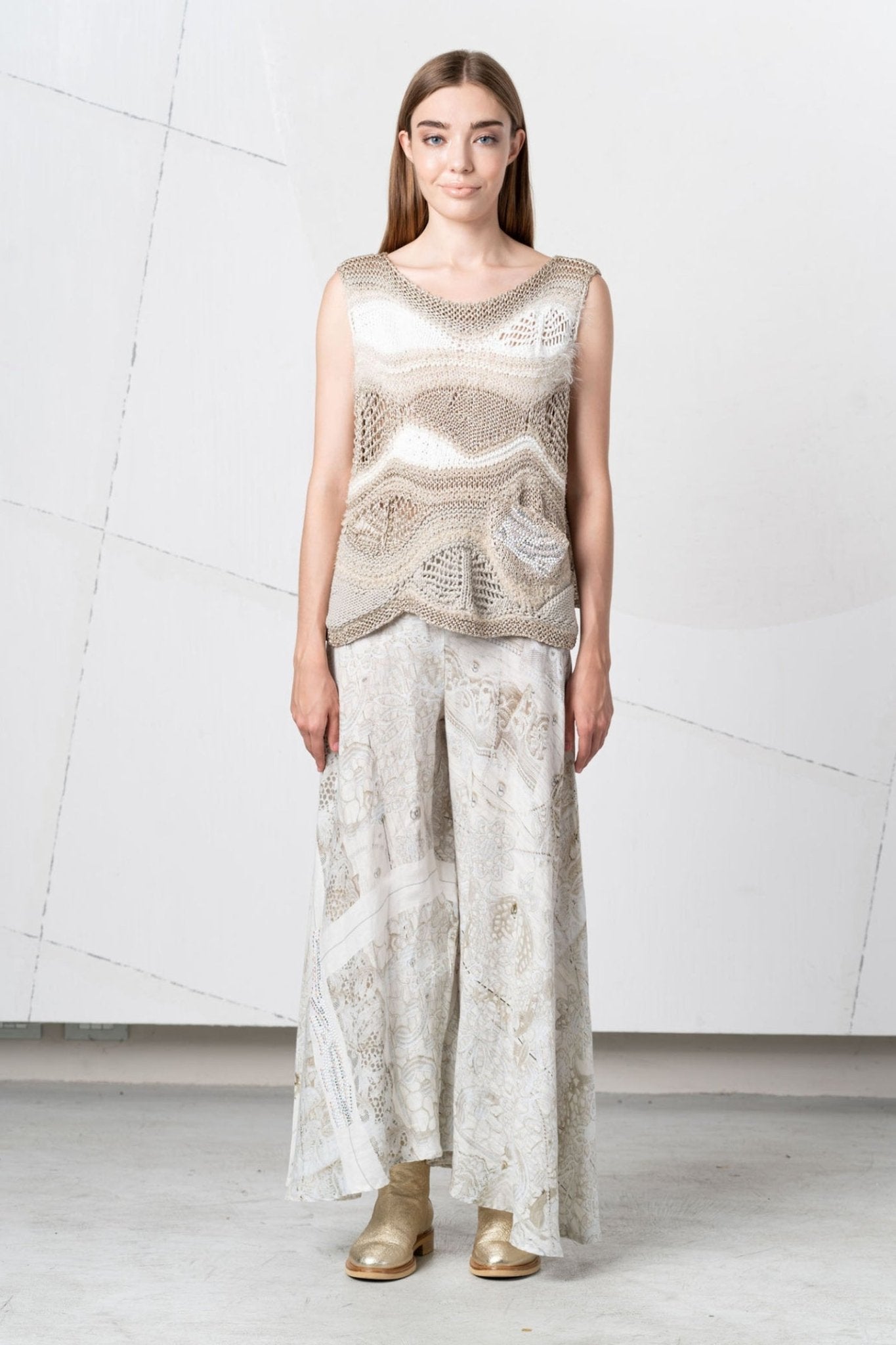 Elisa Cavaletti 99464A Beige Palazzo Trousers with Lace Print