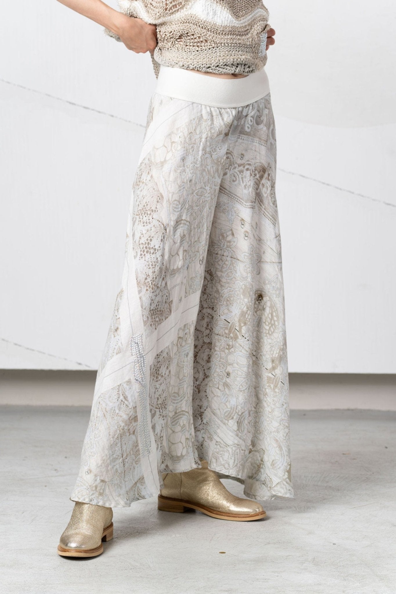 Elisa Cavaletti 99464A Beige Palazzo Trousers with Lace Print