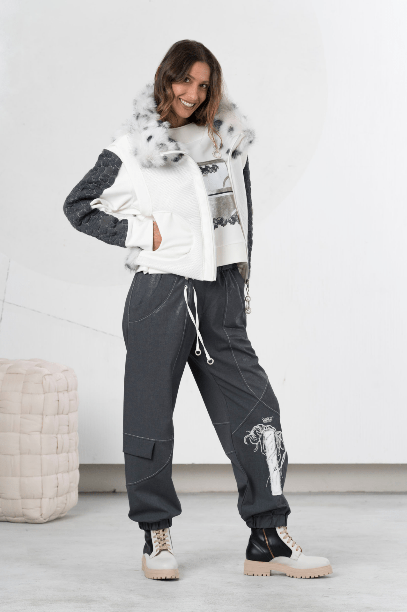 Elisa Cavaletti Faux Fur Hooded Gilet – Audace Anthracite – ELW257029801 23126 - Dotique - Elisa Cavaletti