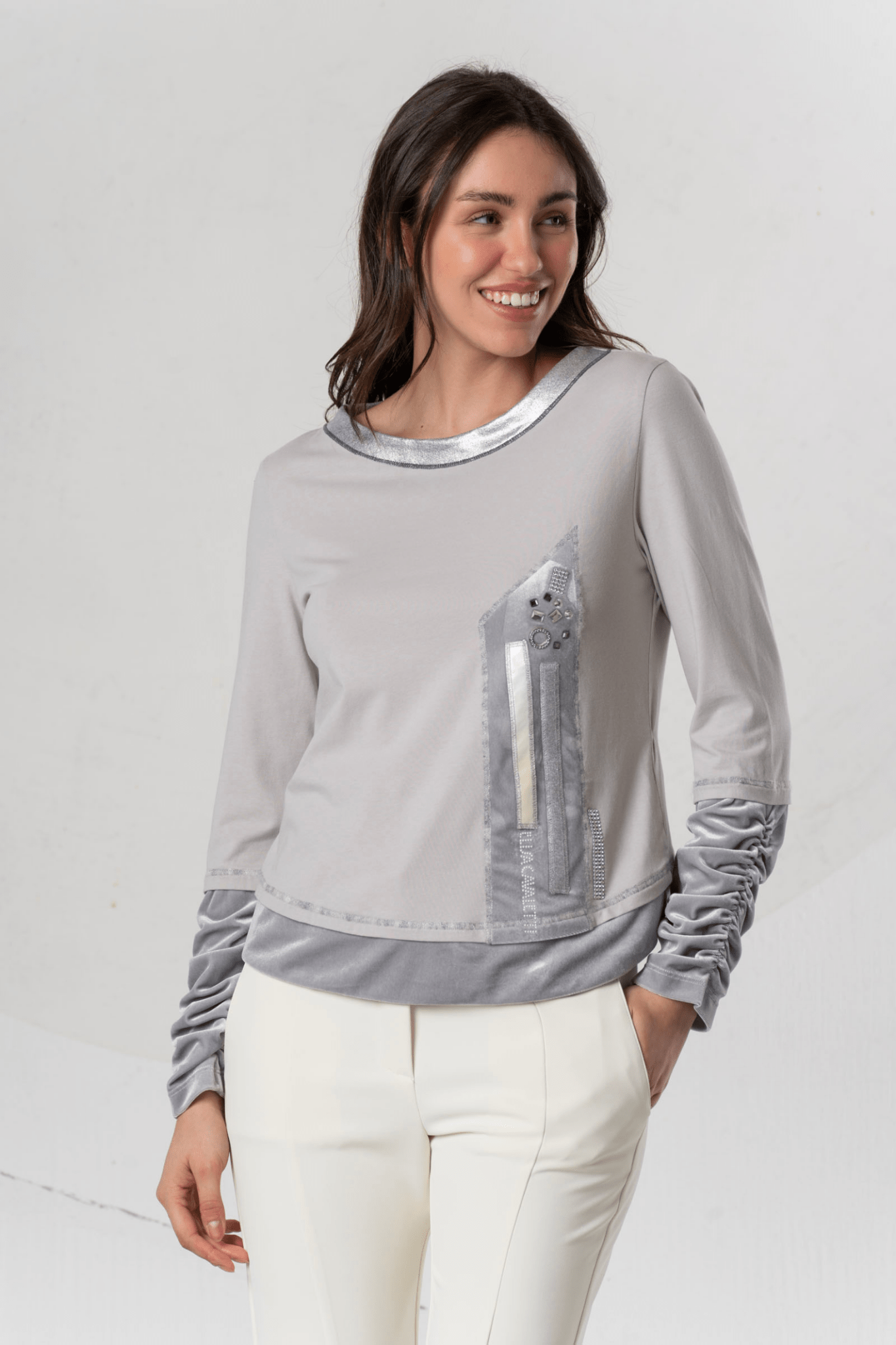 Elisa Cavaletti Glaciale Grey Layered Long Sleeve T-Shirt with Metallic Detail – EJW255043313 22098 - Dotique - Elisa Cavaletti