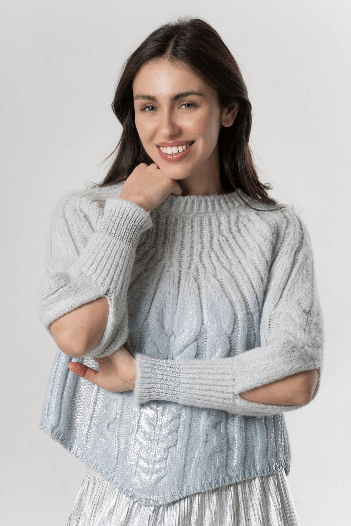 Elisa Cavaletti Glacier Grey Shimmer Knit Jumper with Cut - Out Sleeves – EJW254010901 22098 - Dotique - Elisa Cavaletti