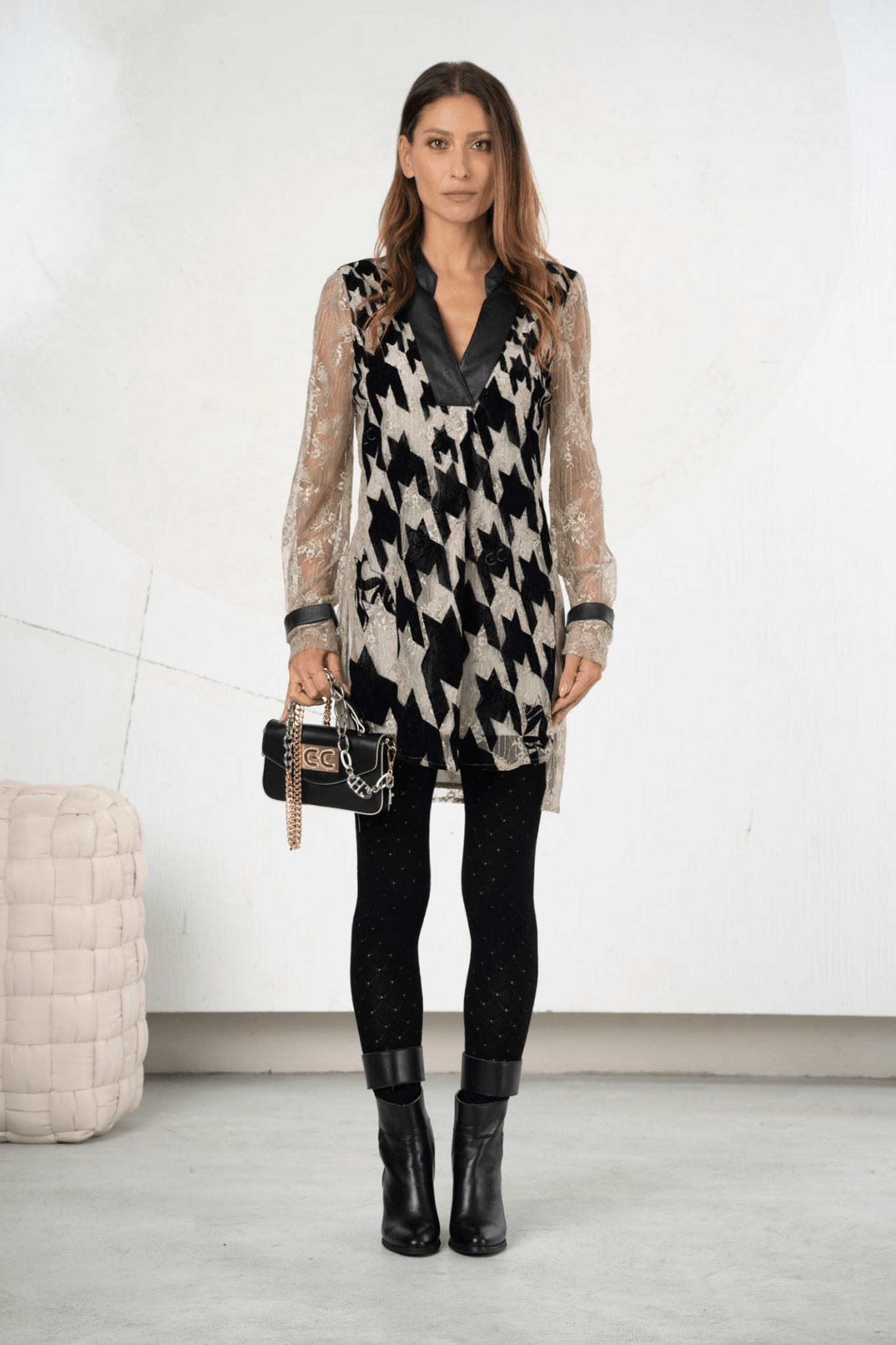 Elisa Cavaletti Houndstooth Velvet & Lace Shirt Dress in Camara – EJW252028901 05083 - Dotique - Elisa Cavaletti