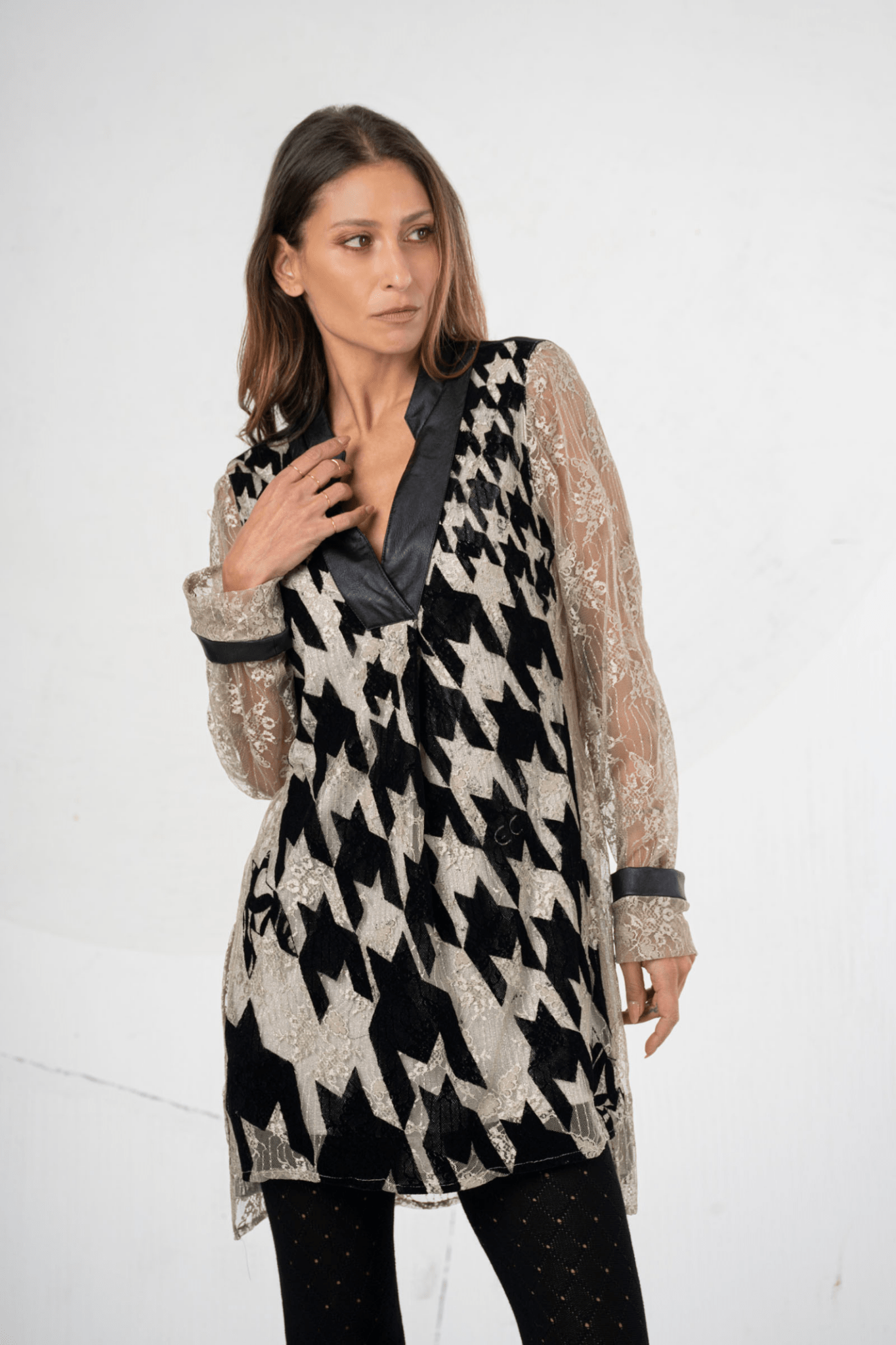 Elisa Cavaletti Houndstooth Velvet & Lace Shirt Dress in Camara – EJW252028901 05083 - Dotique - Elisa Cavaletti