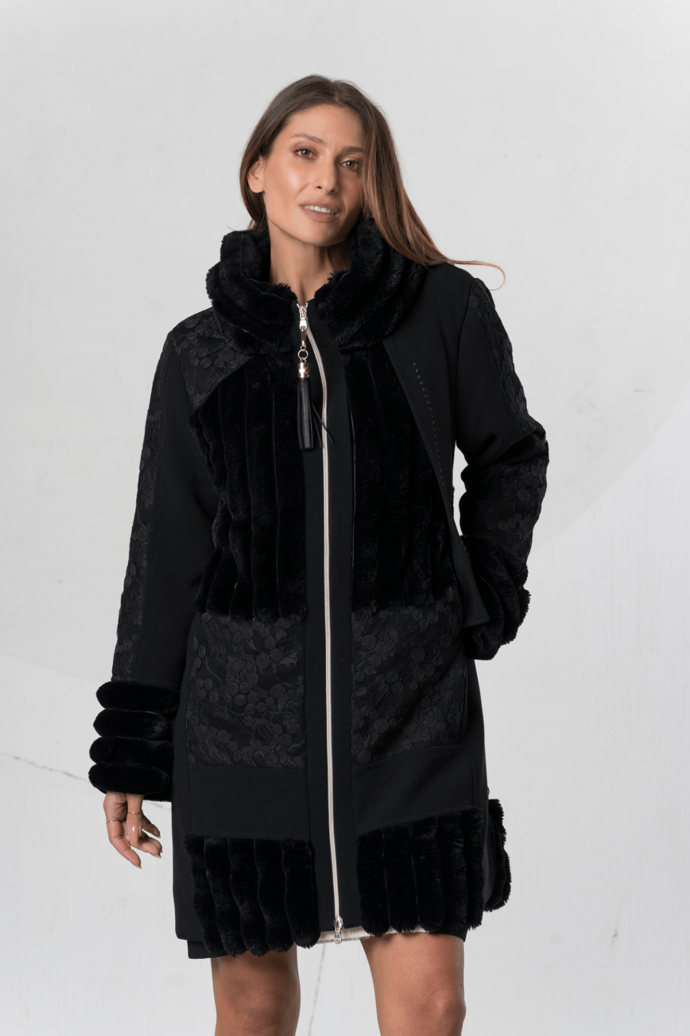 Elisa Cavaletti Nero Black Textured Panel Coat with Faux Fur Collar and Hem – ELW258045100 02001 - Dotique - Elisa Cavaletti