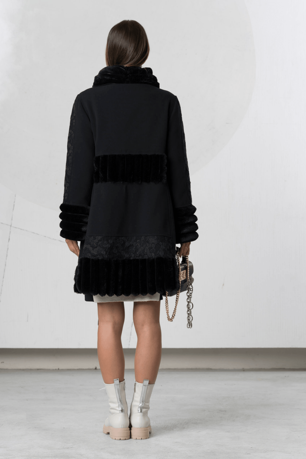 Elisa Cavaletti Nero Black Textured Panel Coat with Faux Fur Collar and Hem – ELW258045100 02001 - Dotique - Elisa Cavaletti