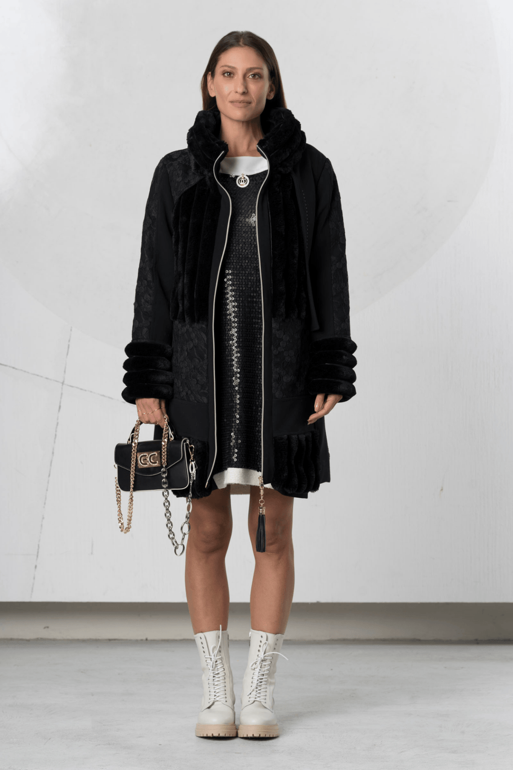 Elisa Cavaletti Nero Black Textured Panel Coat with Faux Fur Collar and Hem – ELW258045100 02001 - Dotique - Elisa Cavaletti