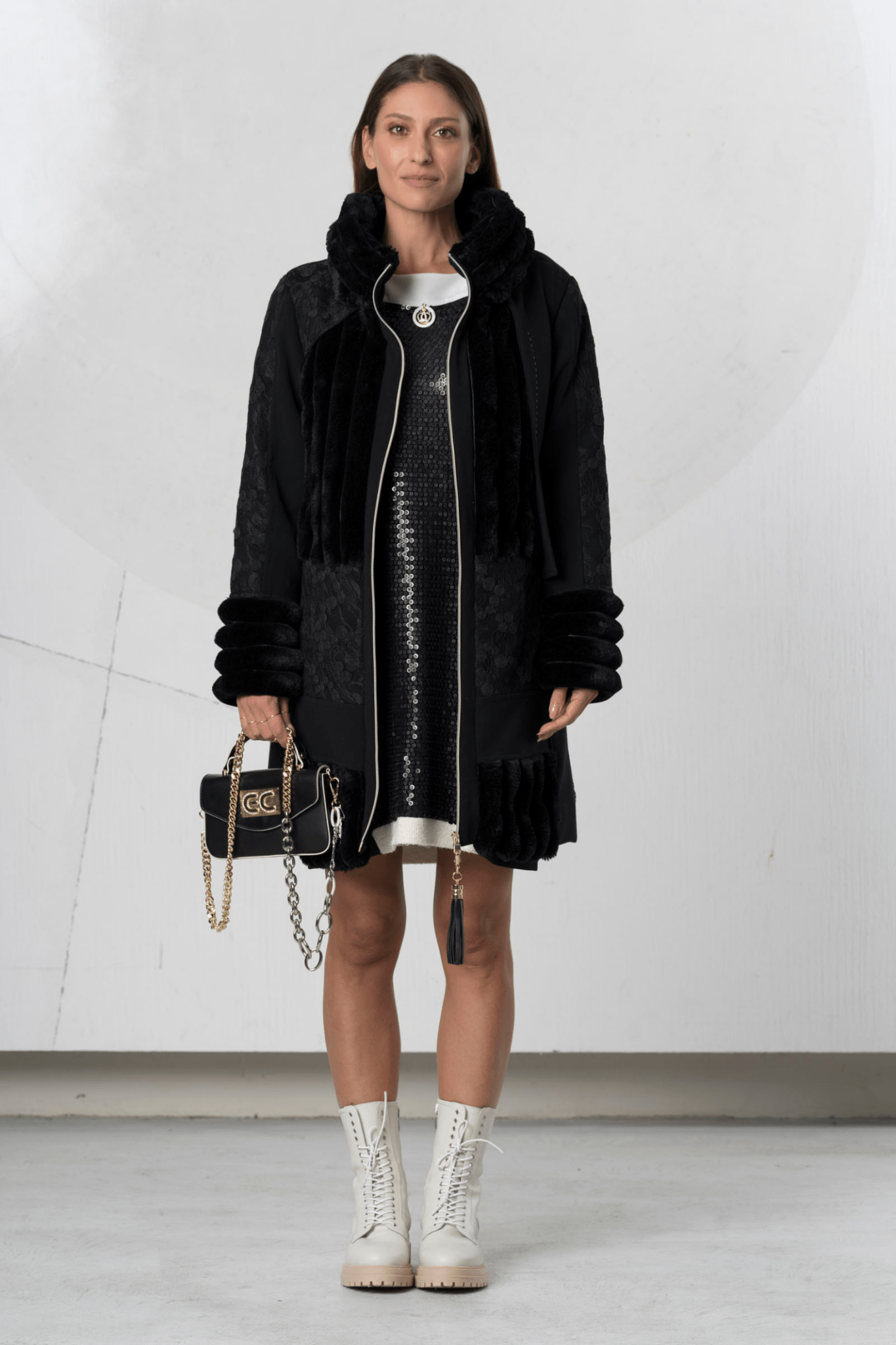 Elisa Cavaletti Nero Black Textured Panel Coat with Faux Fur Collar and Hem – ELW258045100 02001 - Dotique - Elisa Cavaletti