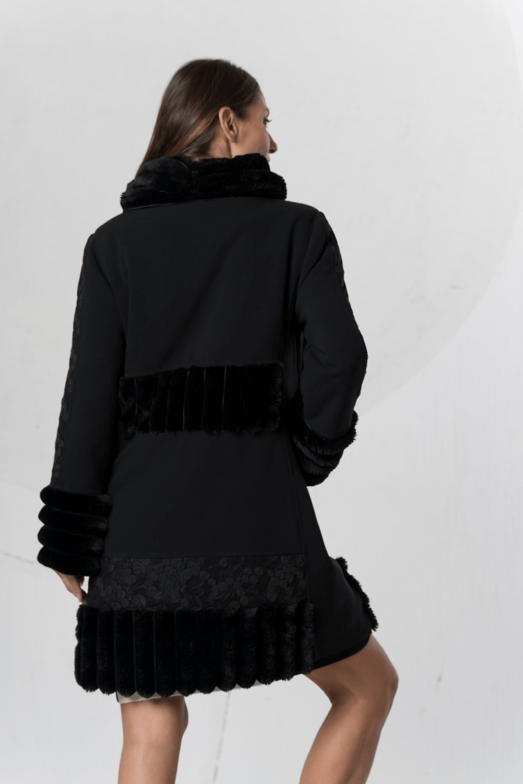 Elisa Cavaletti Nero Black Textured Panel Coat with Faux Fur Collar and Hem – ELW258045100 02001 - Dotique - Elisa Cavaletti