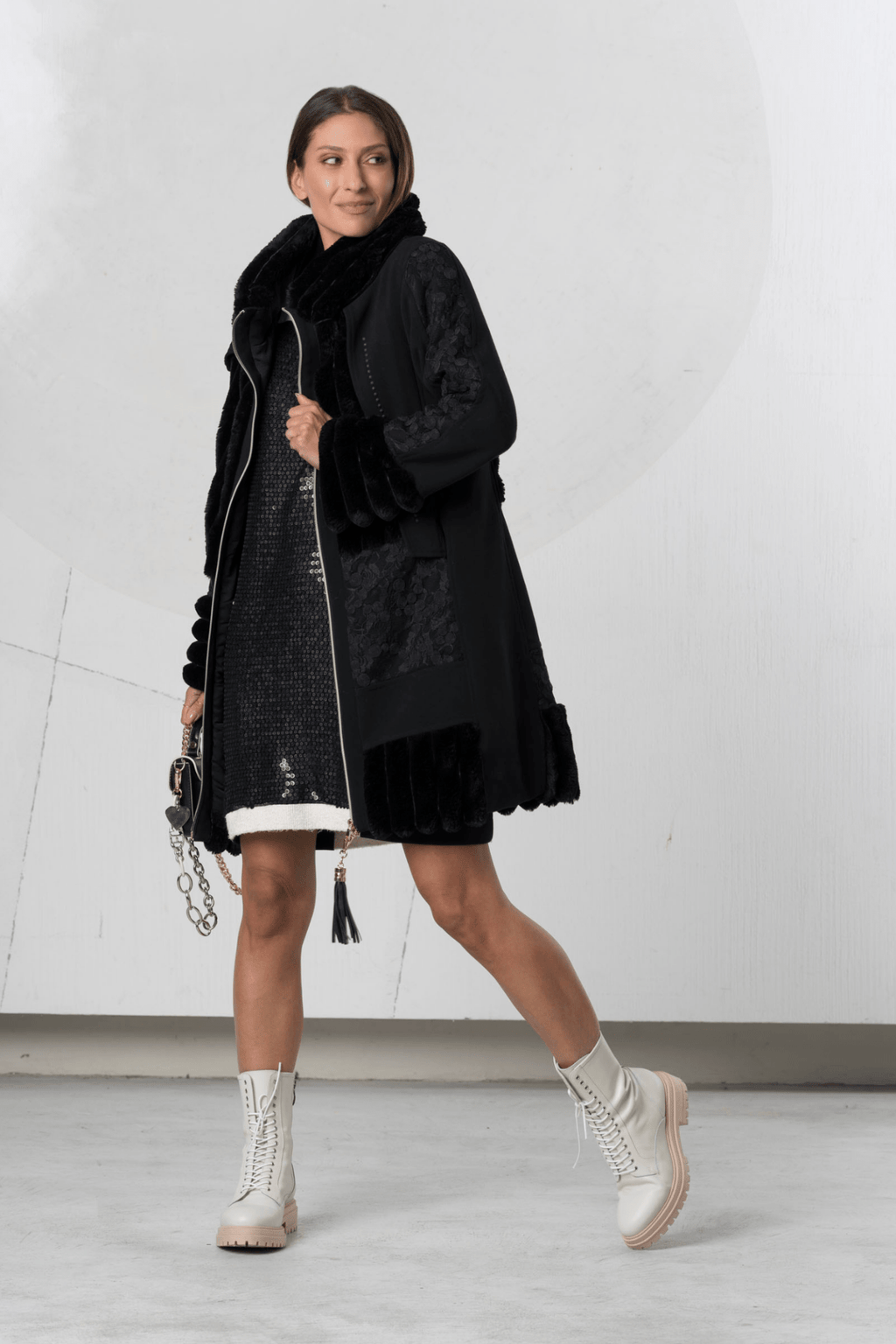 Elisa Cavaletti Nero Black Textured Panel Coat with Faux Fur Collar and Hem – ELW258045100 02001 - Dotique - Elisa Cavaletti