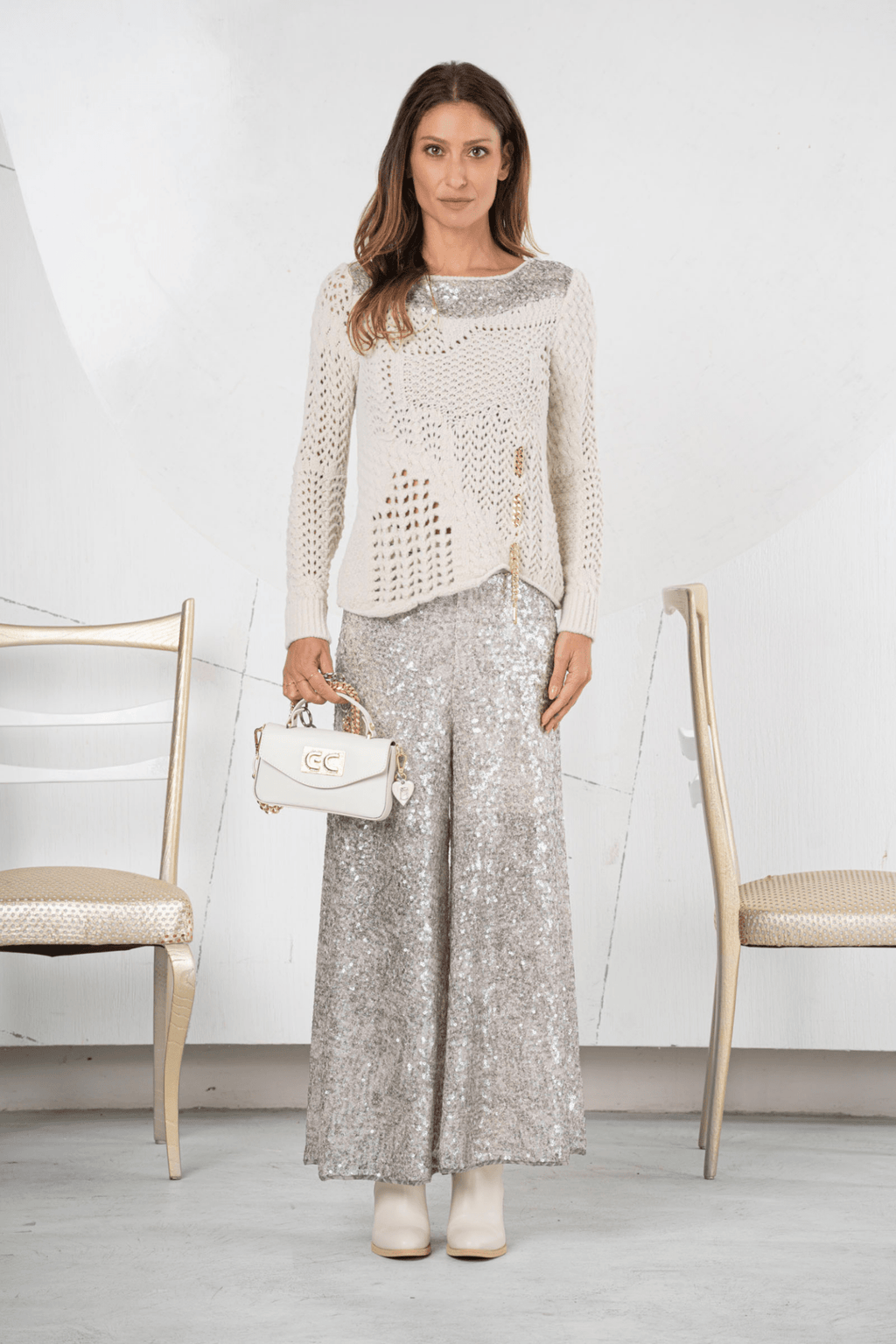 Elisa Cavaletti Open - Knit Jumper with Chain Detail in Galà Greige – ELW254008201 04202 - Dotique - Elisa Cavaletti