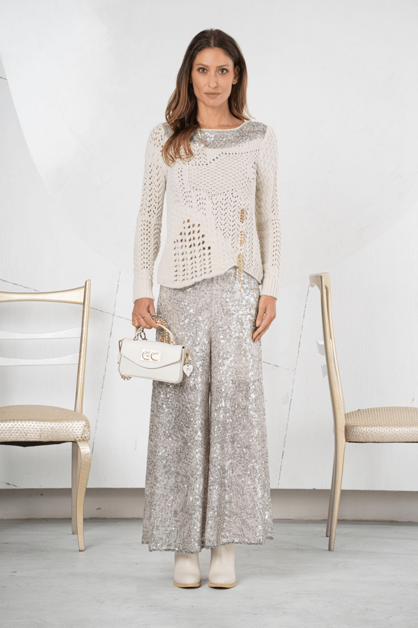 Elisa Cavaletti Open - Knit Jumper with Chain Detail in Galà Greige – ELW254008201 04202 - Dotique - Elisa Cavaletti