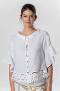 Model wearing Elisa Cavaletti Linen Lace Shirt White EAP261098205 in white linen with lace trim and button details by Elisa Cavaletti, shop Elisa Cavaletti at Dotique.