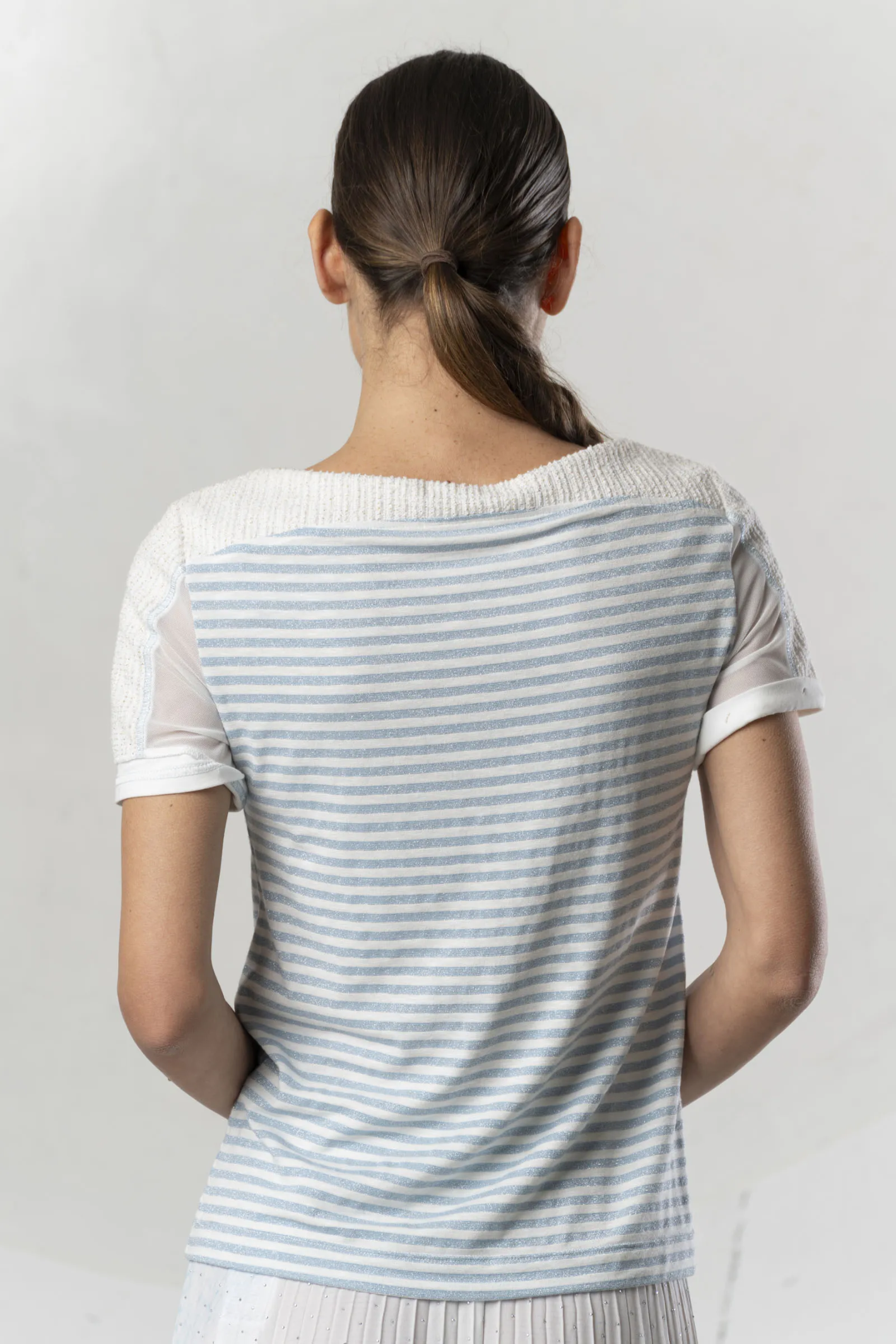 Back view of Elisa Cavaletti White Lurex Stripe T-Shirt with Light Blue Detail EJP265002808 by Elisa Cavaletti, shop Elisa Cavaletti at Dotique.