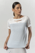 Model wearing Elisa Cavaletti White Lurex Stripe T-Shirt with Light Blue Detail EJP265002808 by Elisa Cavaletti, shop Elisa Cavaletti at Dotique.