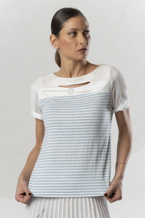 Model wearing Elisa Cavaletti White Lurex Stripe T-Shirt with Light Blue Detail EJP265002808 by Elisa Cavaletti, shop Elisa Cavaletti at Dotique.