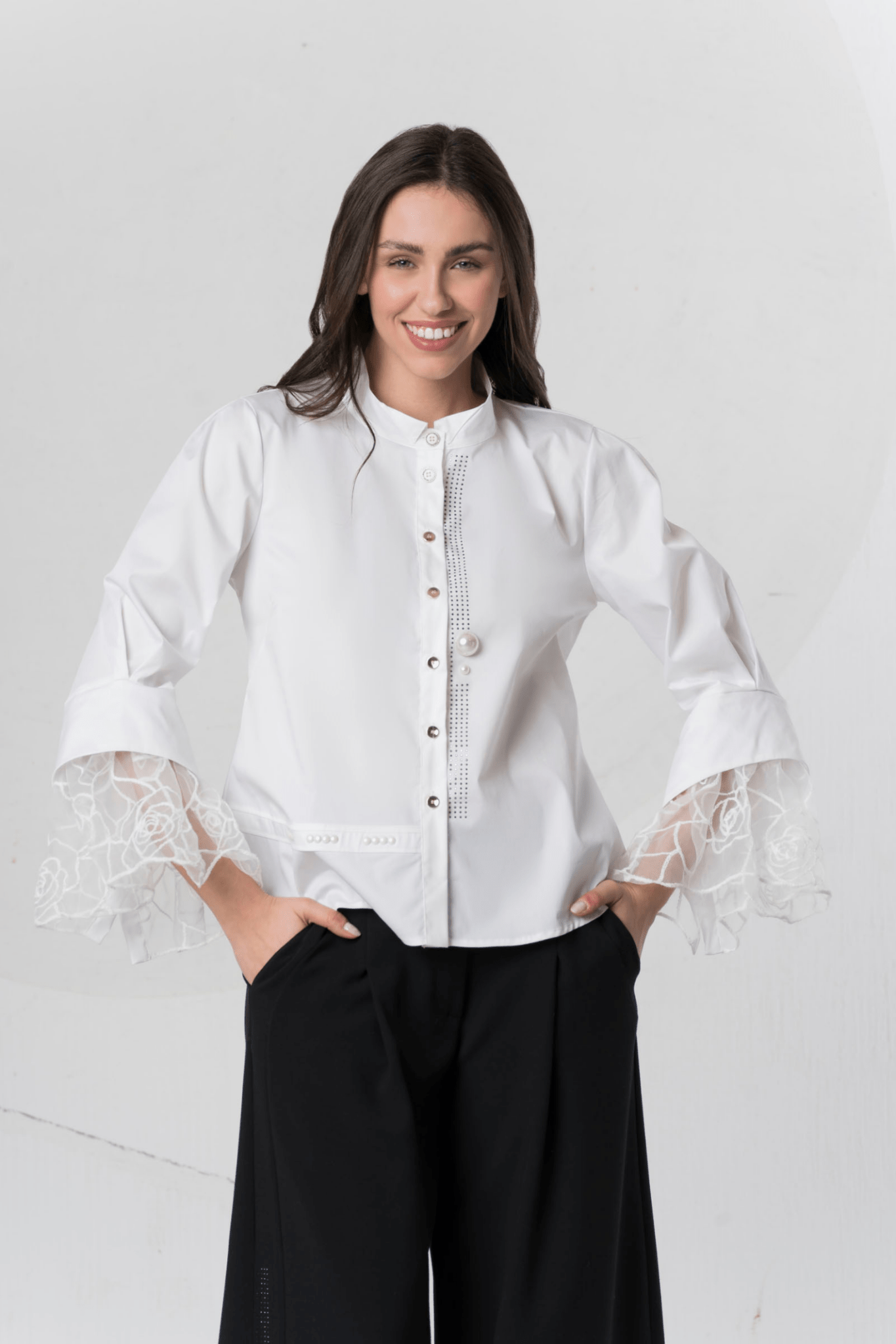 Elisa Cavaletti White Blouse with Lace Cuffs – ELW251054100 03151 - Dotique - Elisa Cavaletti