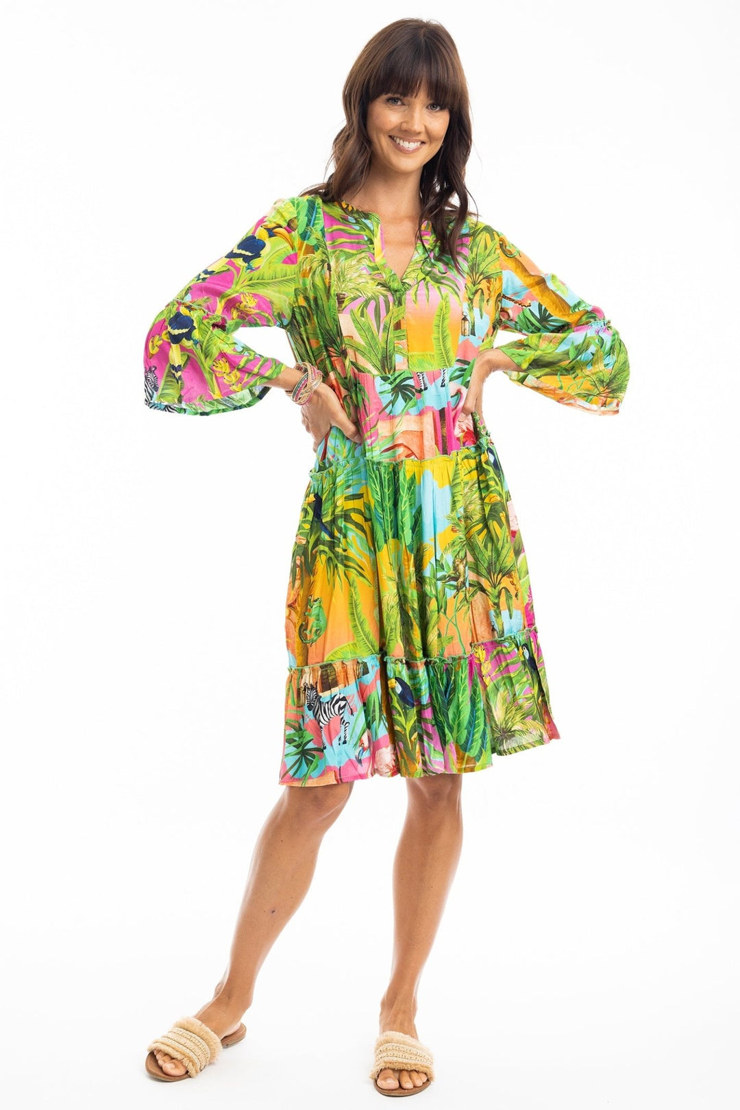 Escape 30112 Lani Frill 3/4 Sleeve Print Dress - Dotique