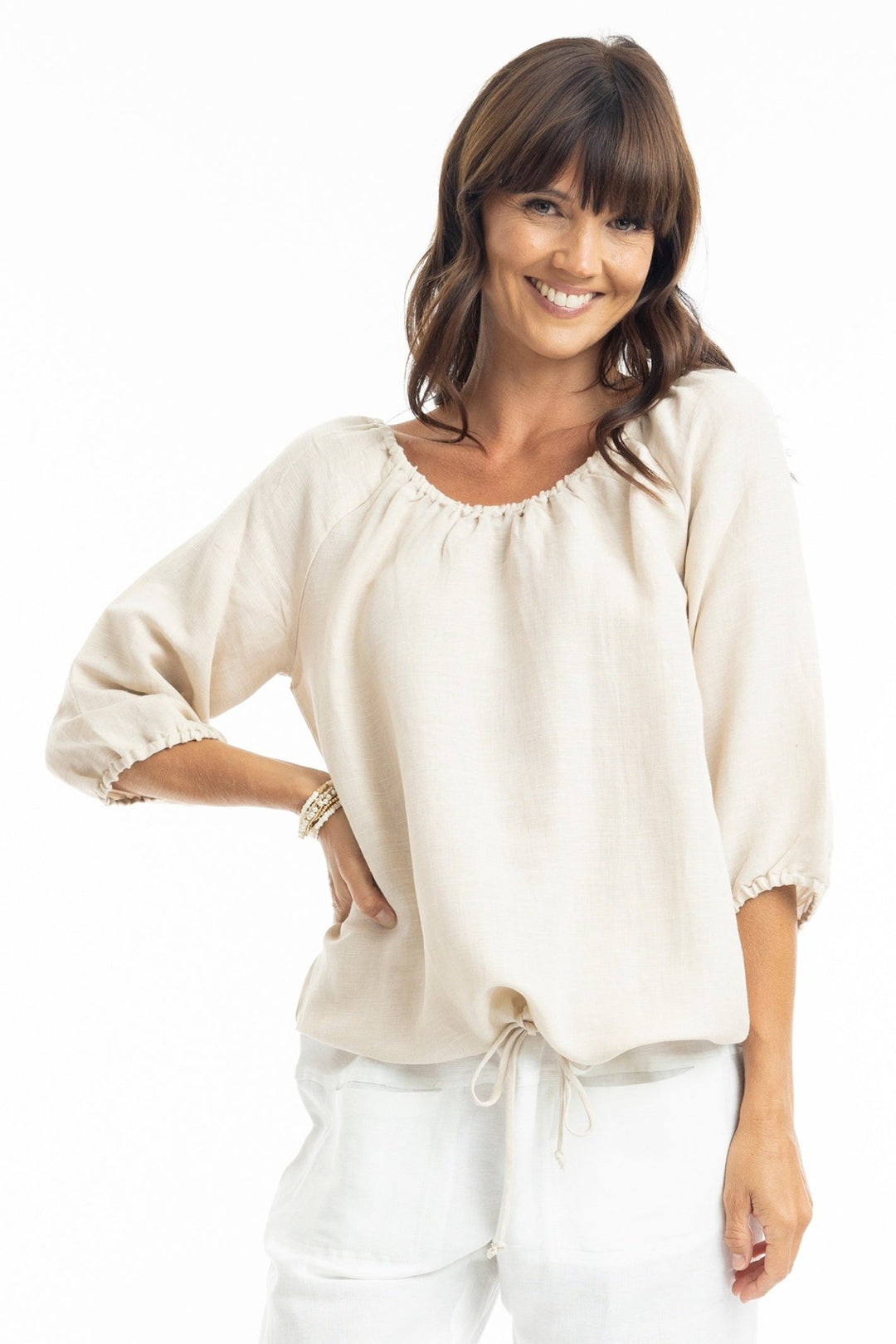 Escape 72495 Sand Gather Neck 3/4 Sleeve Linen Top - Dotique