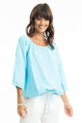 Escape 72495 Sky Blue Gather Neck 3/4 Sleeve Linen Top - Dotique