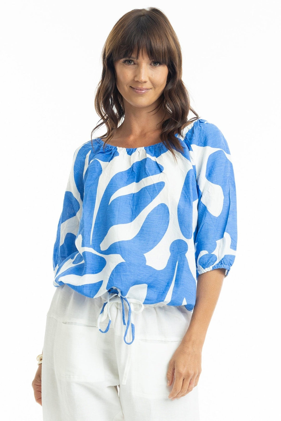 Escape 72498 Blue Print Gather Neck 3/4 Sleeve Linen Top - Dotique