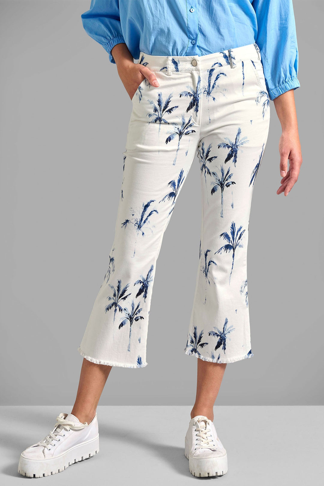 Eve in Paradise Koko Trousers White Blue Palm Print 1087-24370-1044 - Dotique