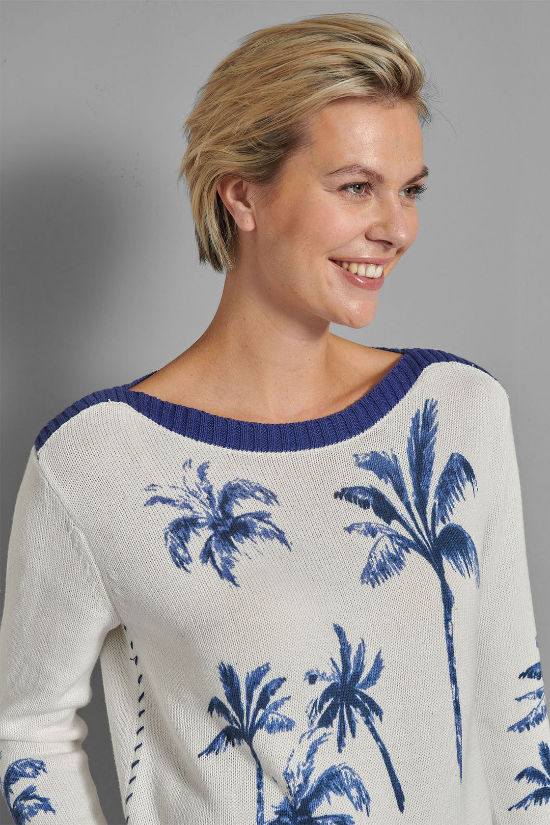 Eve in Paradise Pia Wide Neck Jumper Cream Blue Palm Pattern 1082-24326-6044 - Dotique