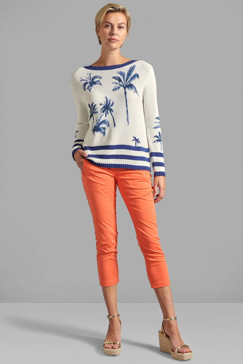 Eve in Paradise Pia Wide Neck Jumper Cream Blue Palm Pattern 1082-24326-6044 - Dotique