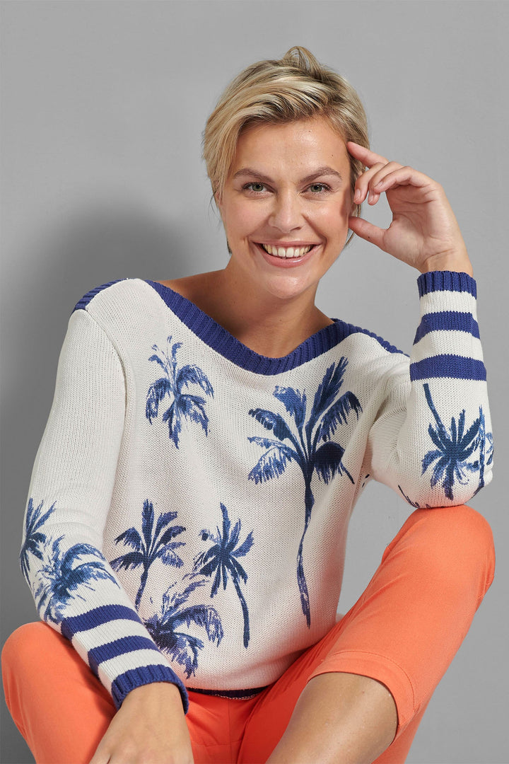 Eve in Paradise Pia Wide Neck Jumper Cream Blue Palm Pattern 1082-24326-6044 - Dotique