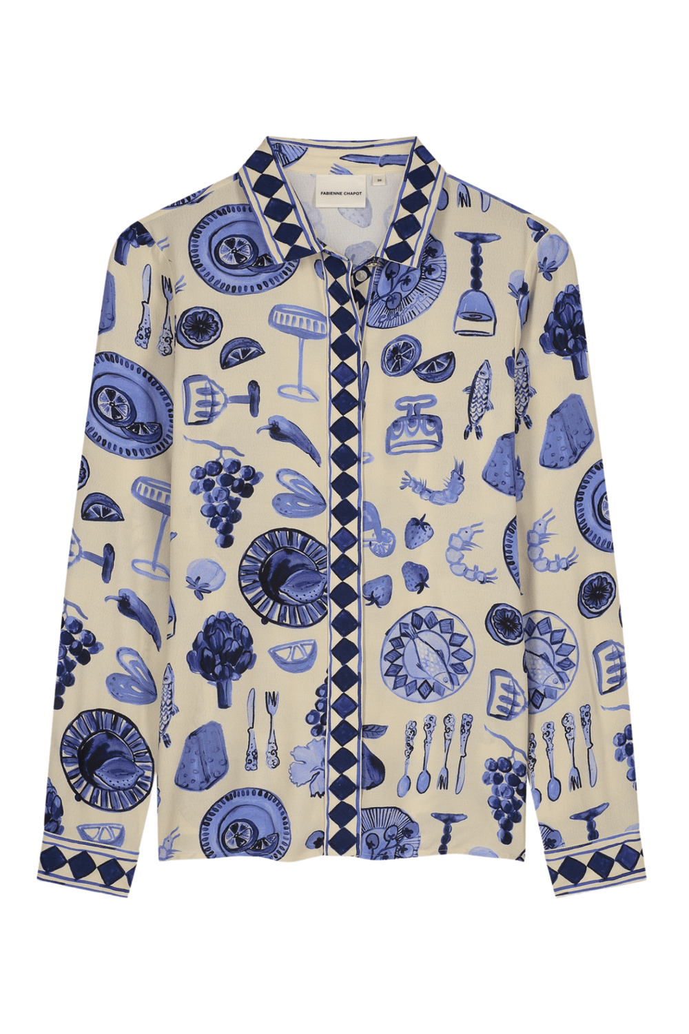 Fabienne Chapot cream blouse with blue food print front view – Dotique