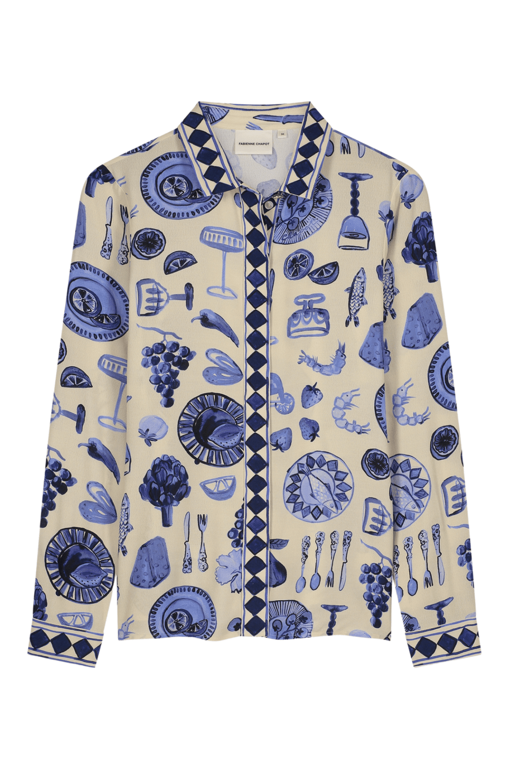 Fabienne Chapot cream blouse with blue food print front view – Dotique