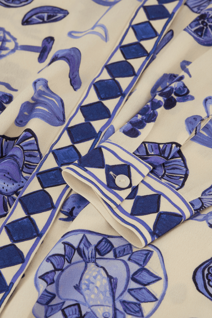 Fabienne Chapot cream blouse with blue food print front view – Dotique