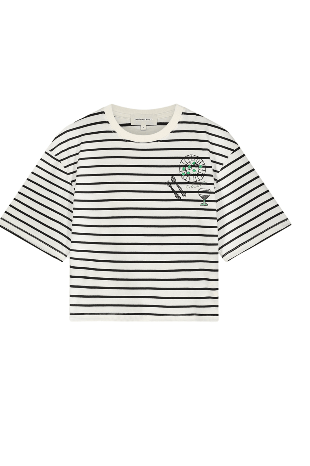 Fabienne Chapot black and white striped short sleeve t-shirt with cocktail embroidery front view – Dotique

