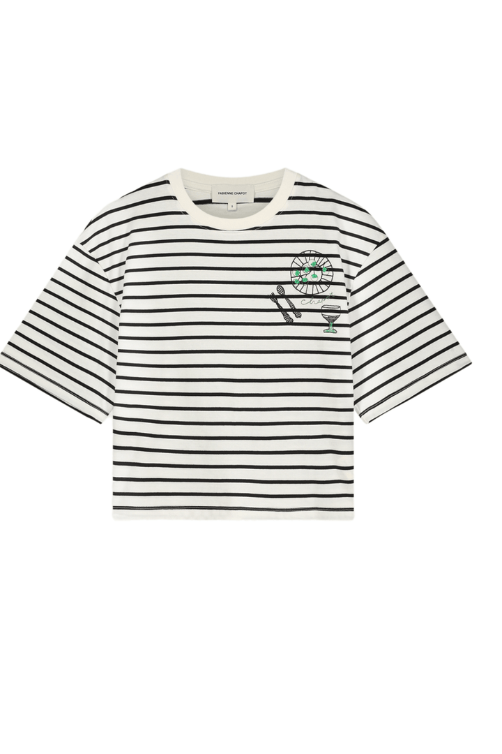 Fabienne Chapot black and white striped short sleeve t-shirt with cocktail embroidery front view – Dotique

