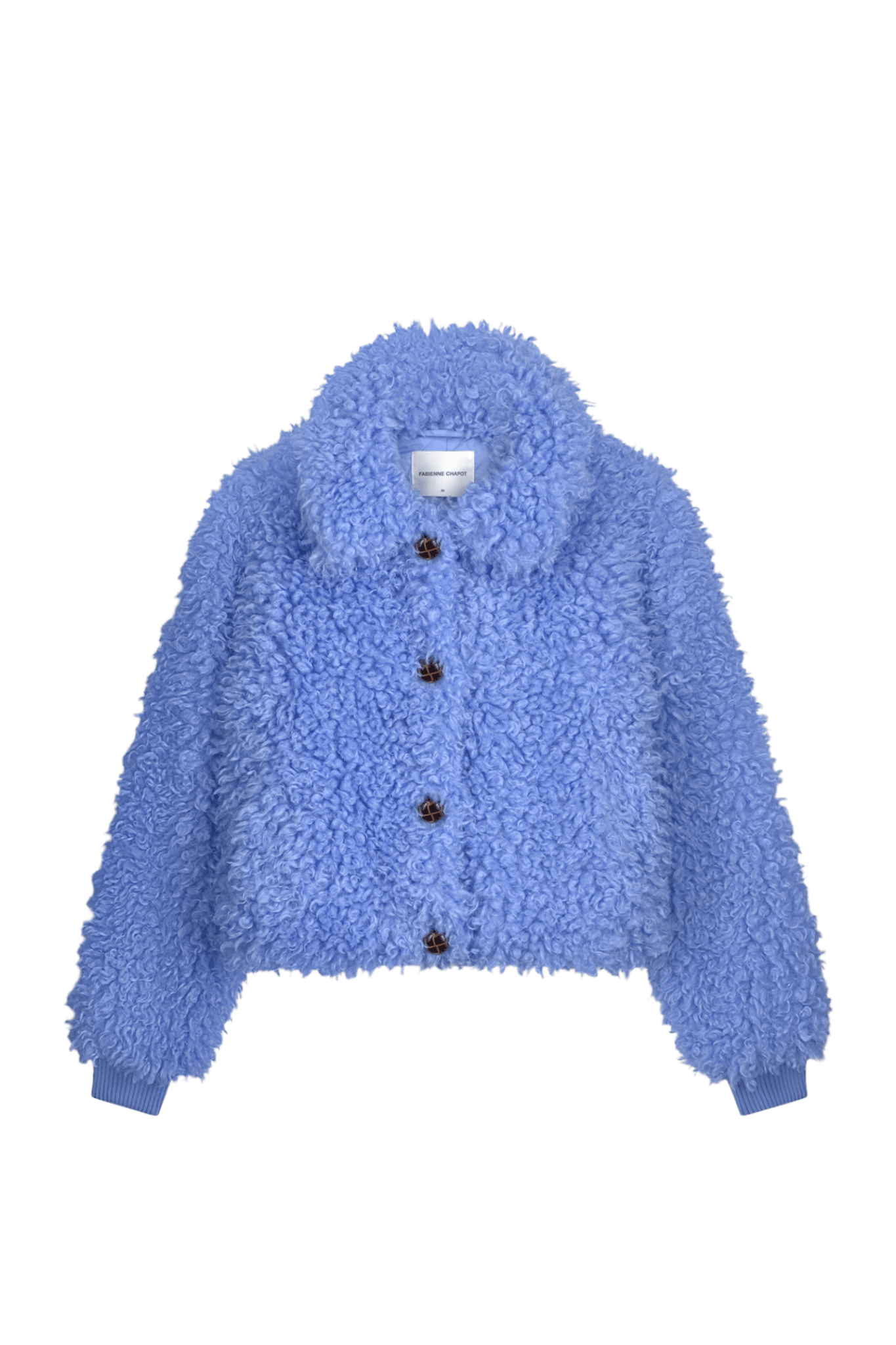 Fabienne Chapot blue faux fur teddy jacket with button fastening front view – Dotique

