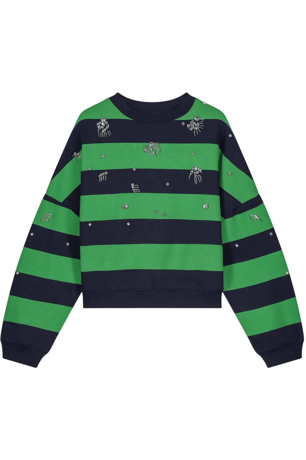 Fabienne Chapot green and navy striped sweatshirt with crystal embellishments front view – Dotique

