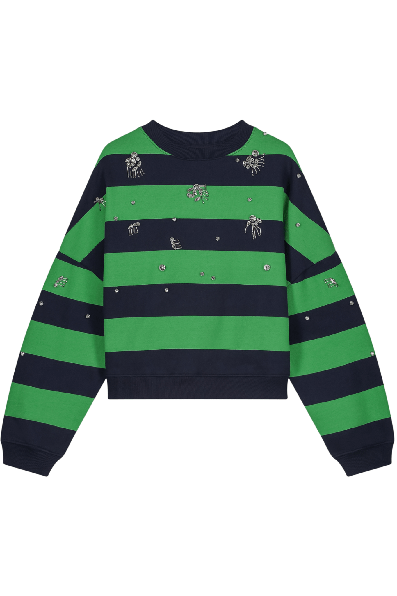 Fabienne Chapot green and navy striped sweatshirt with crystal embellishments front view – Dotique

