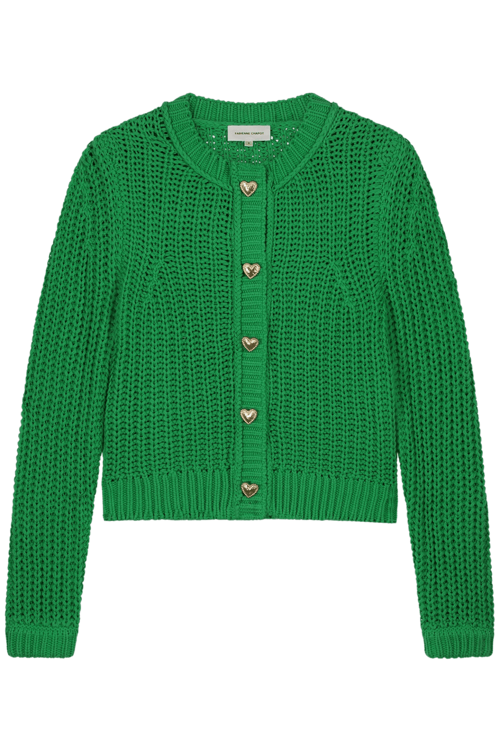 Fabienne Chapot green knitted cardigan with gold heart buttons front view – Dotique

