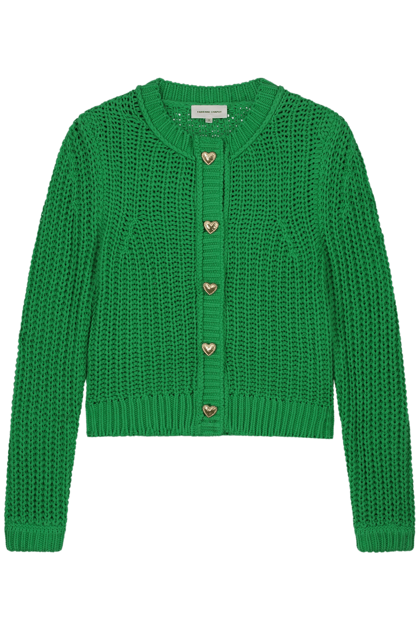 Fabienne Chapot green knitted cardigan with gold heart buttons front view – Dotique

