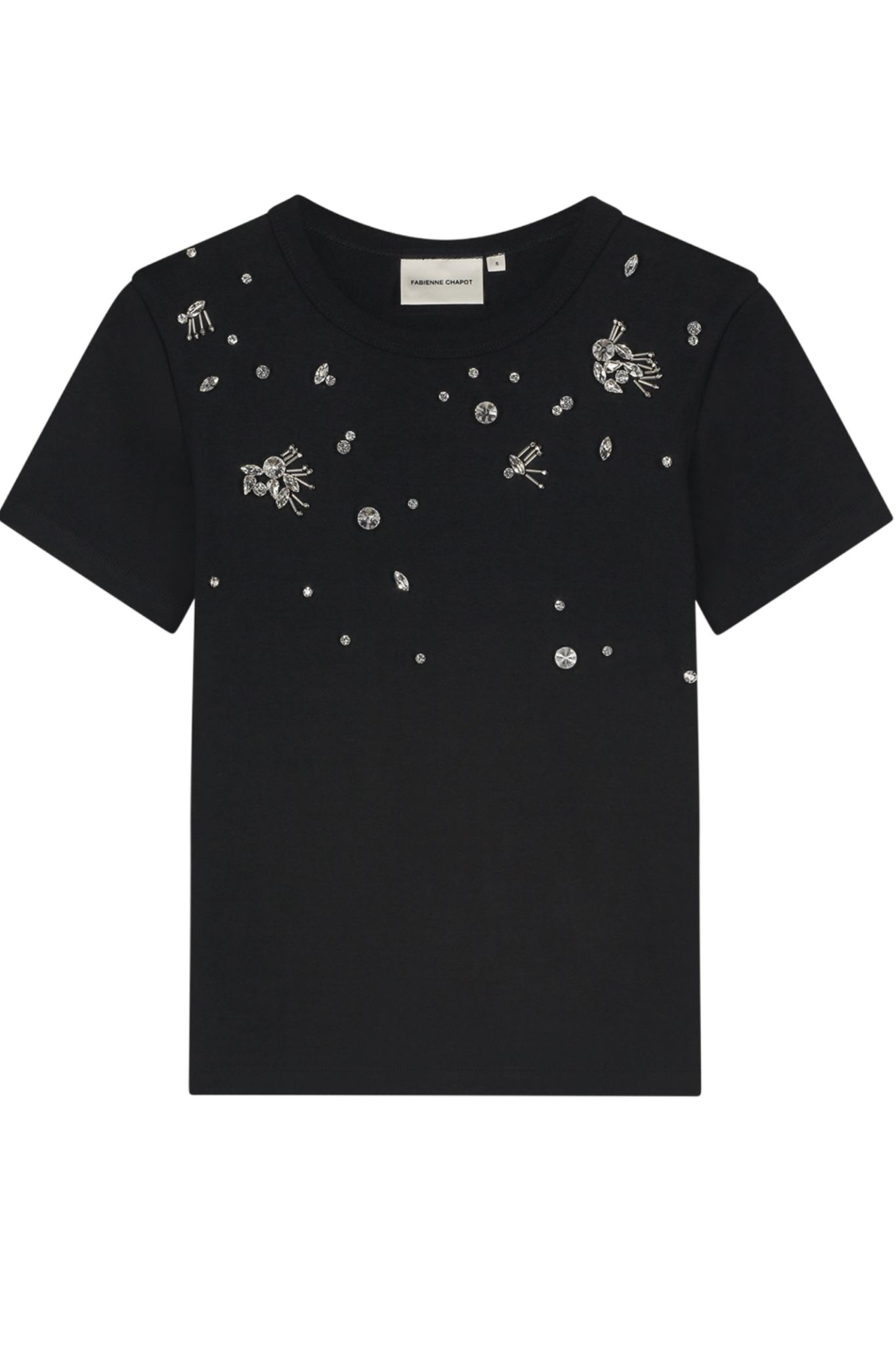 Fabienne Chapot black short sleeve t-shirt with silver embellishments front view – Dotique


